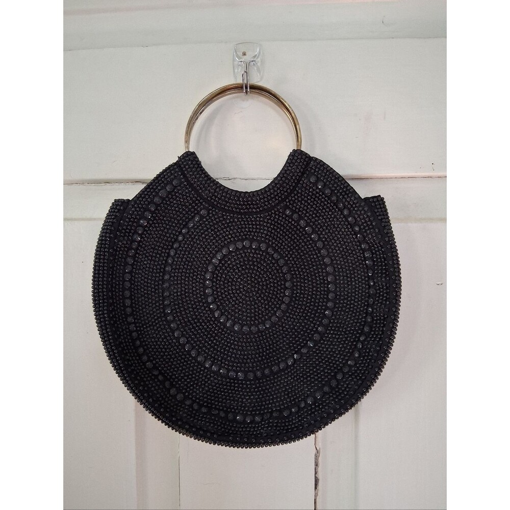 Blk Beaded Circle Evening Bag w/ Gold Tone Metal Ring Handles Vintage Hong Kong